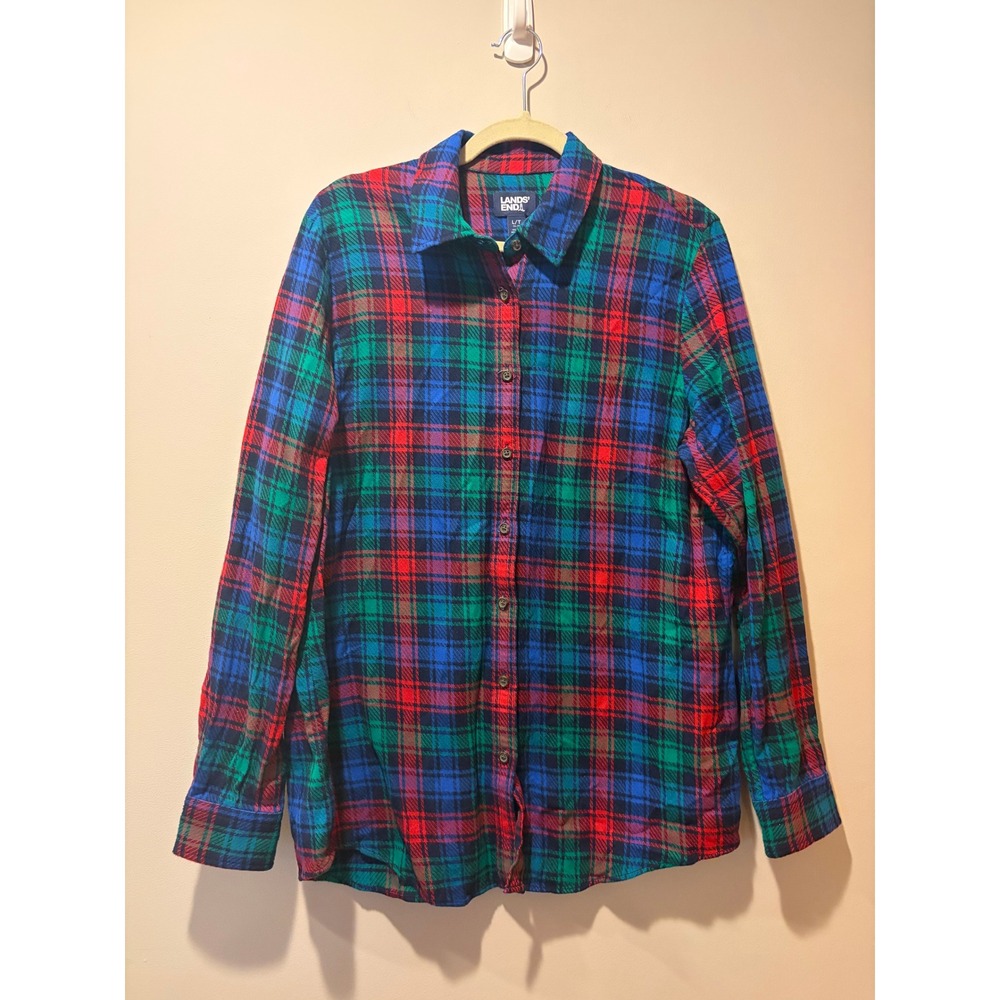 Boys Lands End Cotton Plaid Large 14/16 Long Sleeve Button Shirt Cabincore Prep